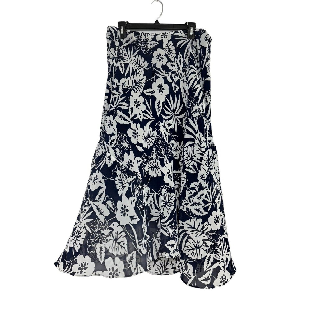 Chaps Sz‎ XL Harbor Navy Pearl Ruffled Romantic Hi-Low Full Skirt Lined Floral